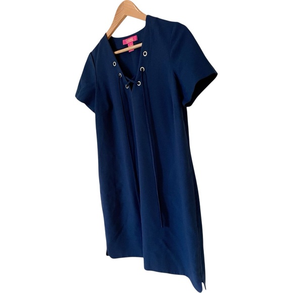 Catherine Malandrino Navy Blue Lace Front Grommet Shift Dress w/ Pockets Small - Picture 3 of 8
